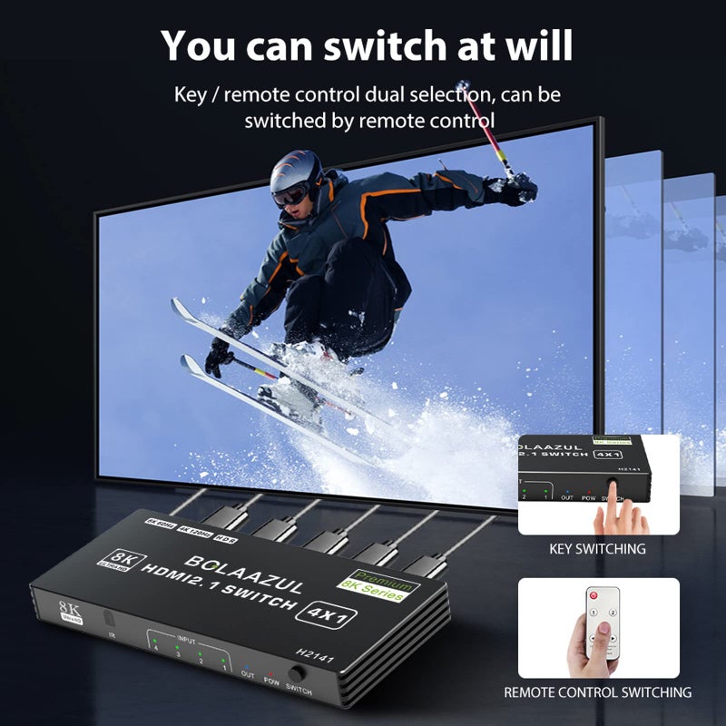 BolAAzuL 8K HDMI 2.1 Switch 120Hz 4K 4 in 1 Out, 8K@60Hz HDMI 2.1 Splitter Switcher Selector Box 4-Port with Remote 4K 120Hz 2K 144Hz, HDMI 4x1 HDR, 48Gbps, CEC, Dolby Vision, for Xbox Series X PS5 - Image 4